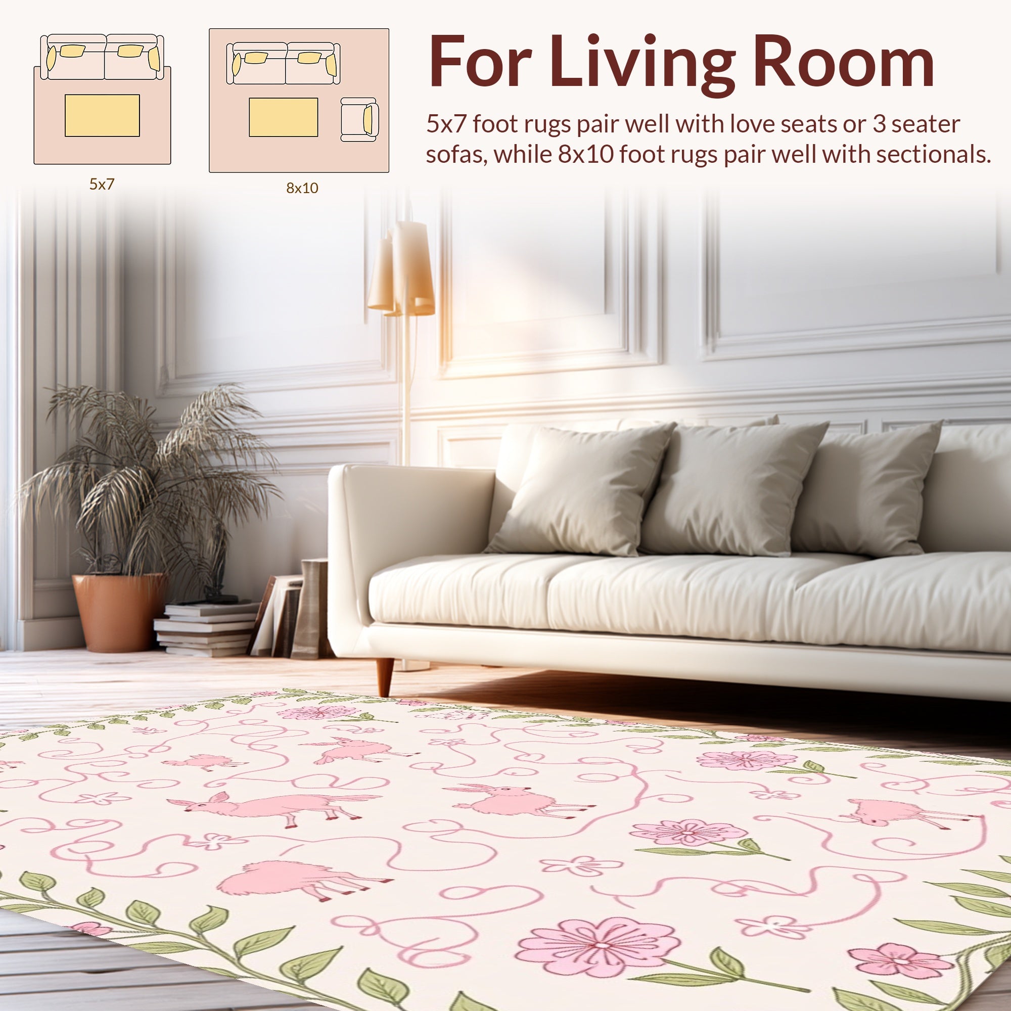 Whimsical Pink Animals Blossom Pattern Rug
