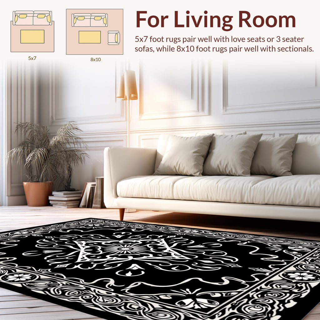 Classic Black White Floral Damask Rug