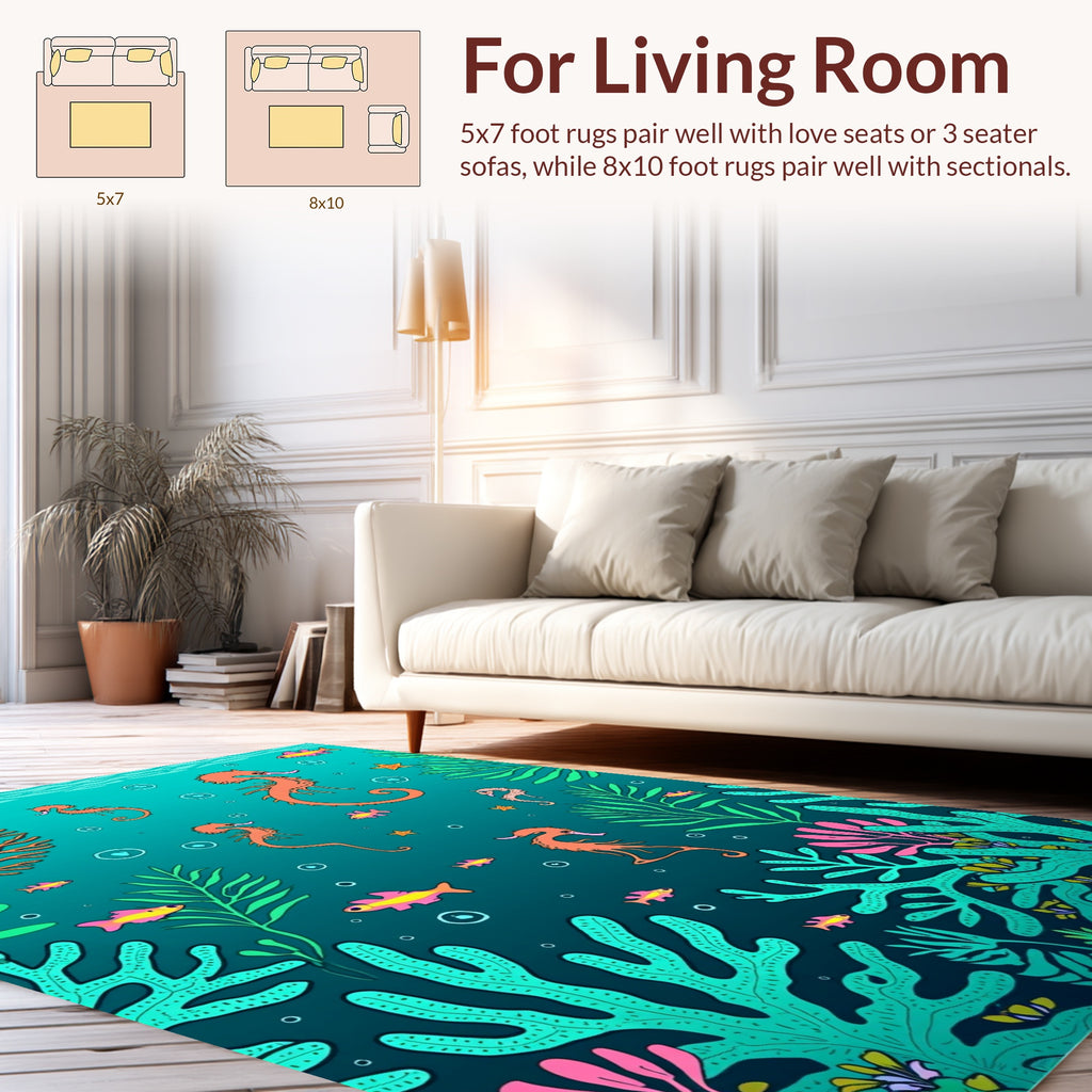 Whimsical Seahorse and Coral Reef Design Rug