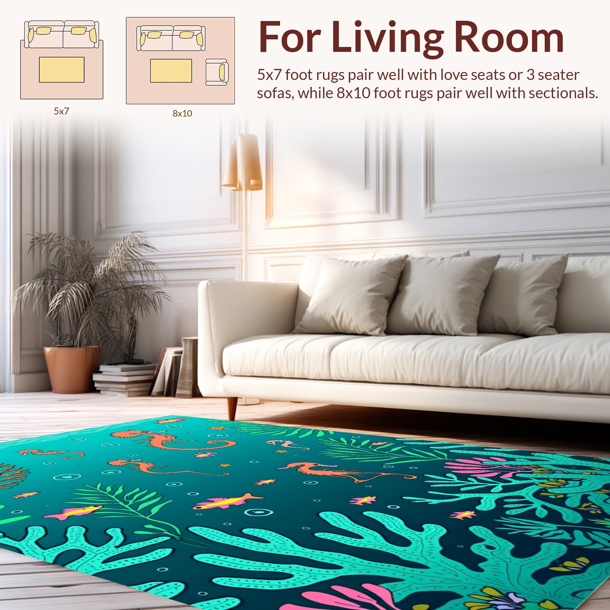 Whimsical Seahorse and Coral Reef Design Rug