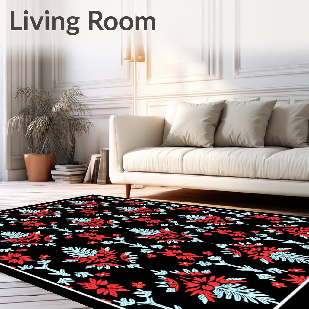 Red Blue Floral Damask Black Background Rug