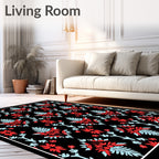 Red Blue Floral Damask Black Background Rug