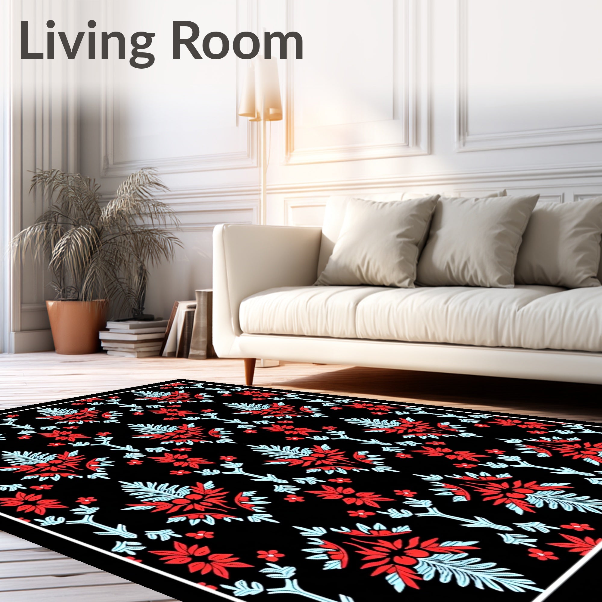 Red Blue Floral Damask Black Background Rug