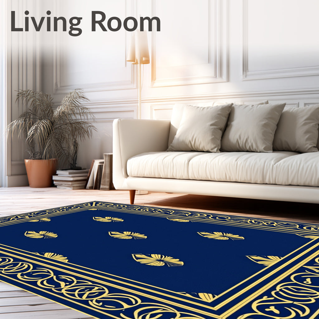 Navy Blue Gold Leaf Borderrug Rug