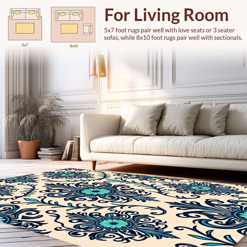 Ornate Teal Floral Damask Pattern Rug