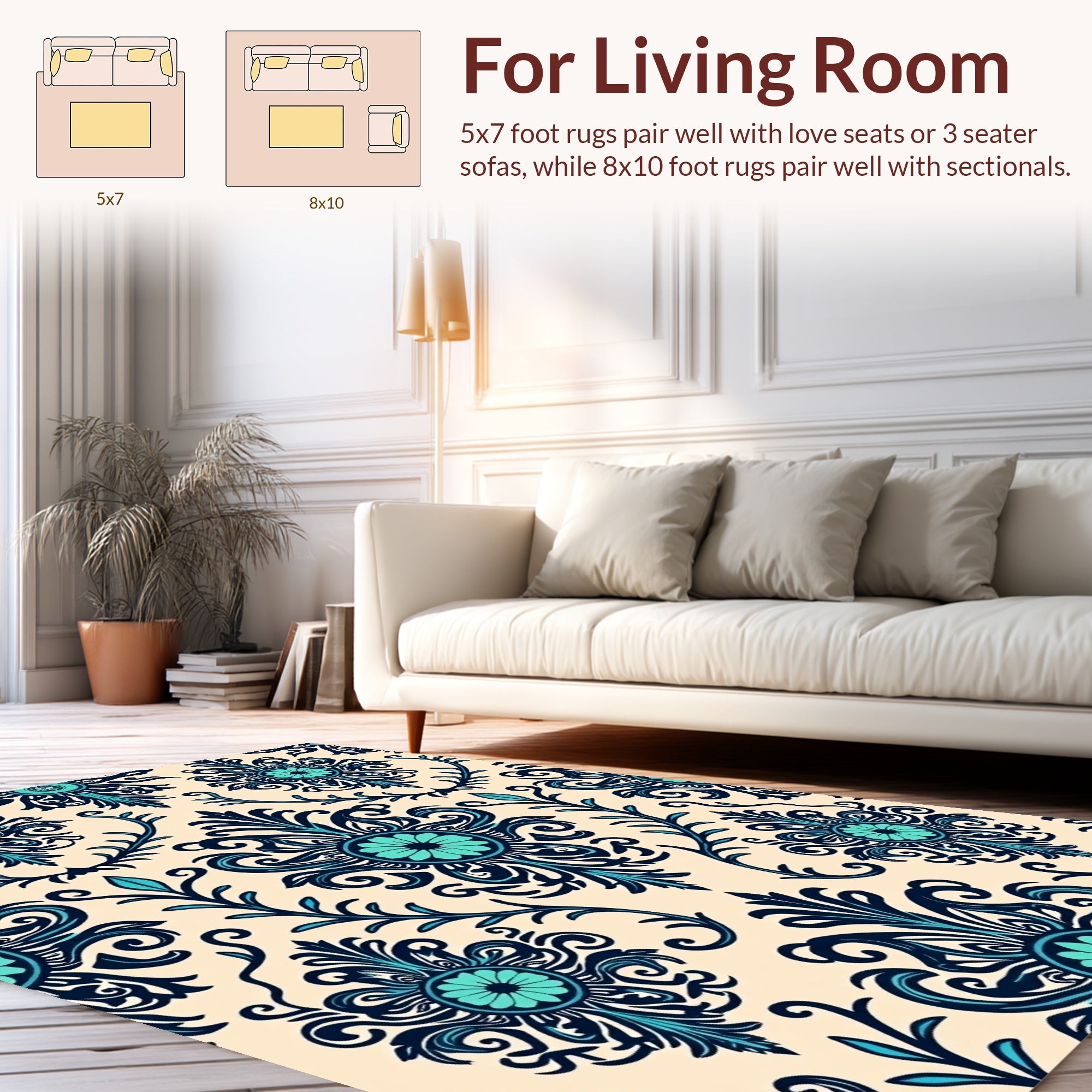 Ornate Teal Floral Damask Pattern Rug