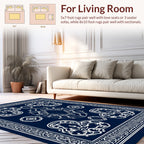 Dark Blue White Ornate Floral Motif Rug