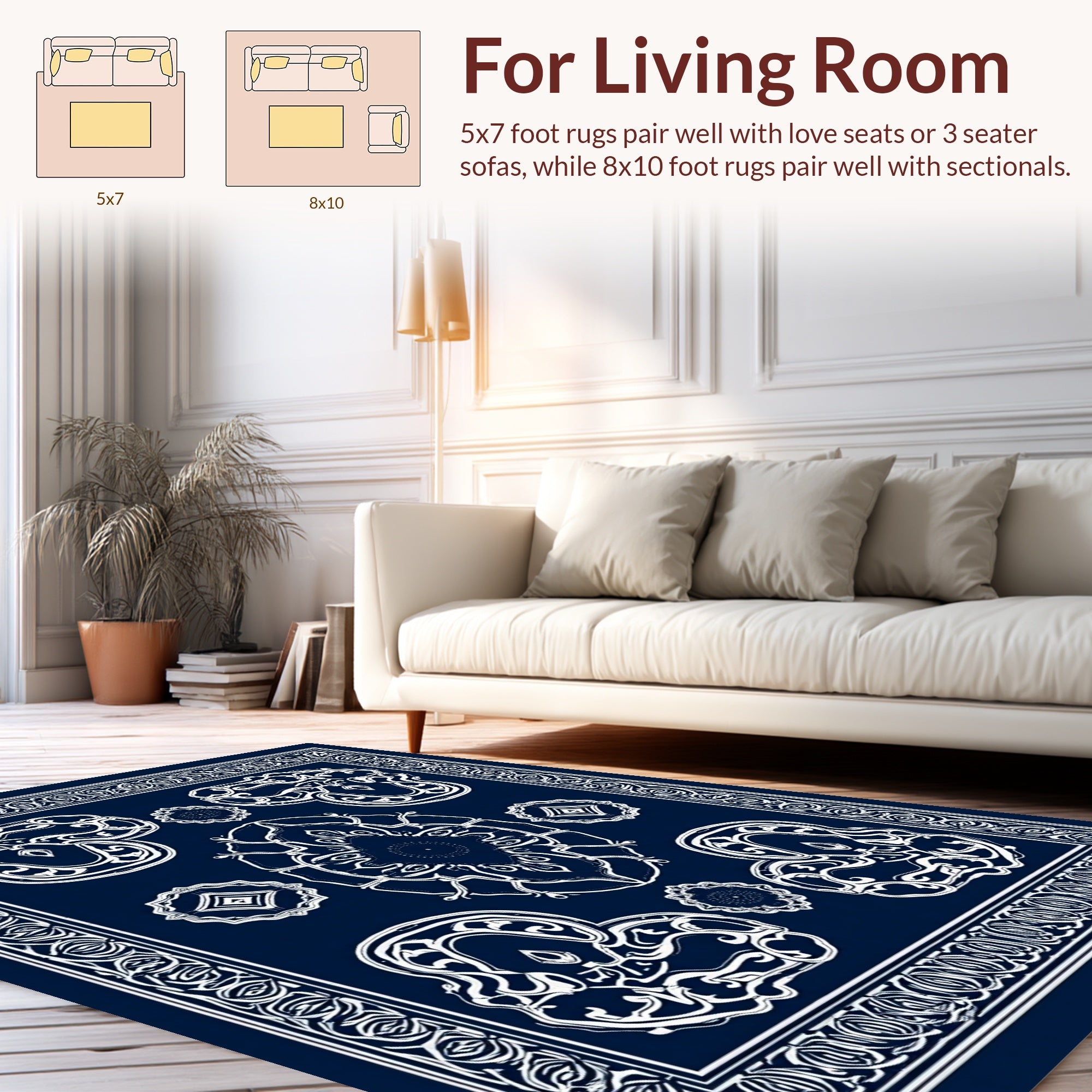 Dark Blue White Ornate Floral Motif Rug