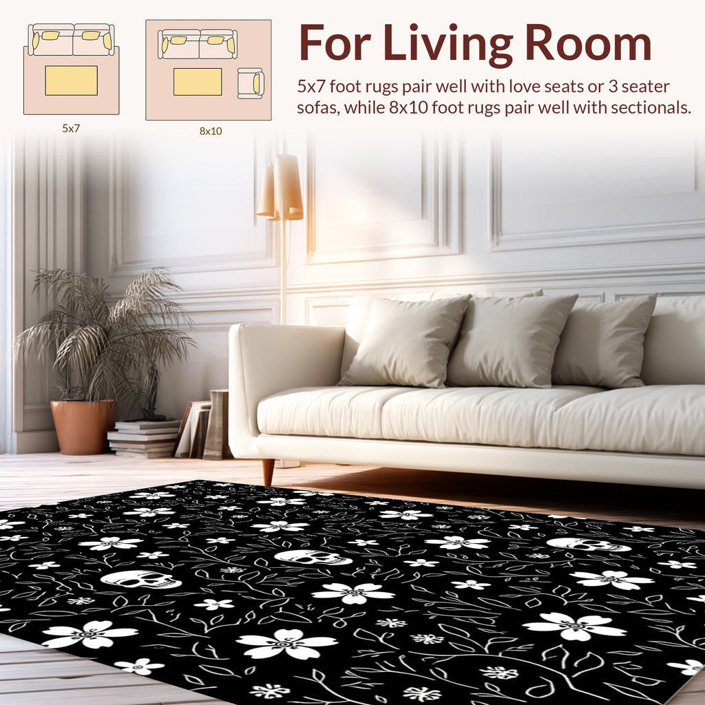 Dark White Skull Floral Vines Rug