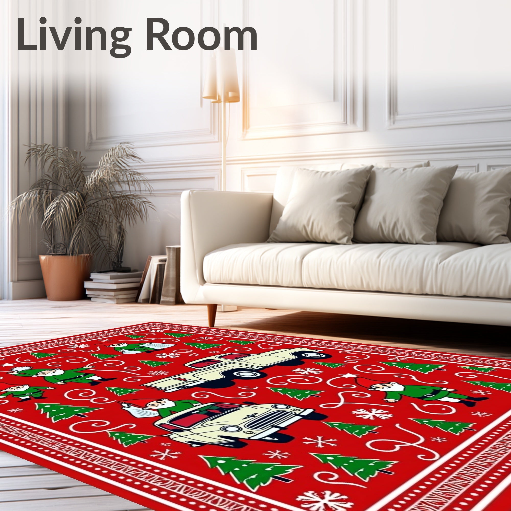 Festive Red Gnomes Trucks Christmas Trees Rug