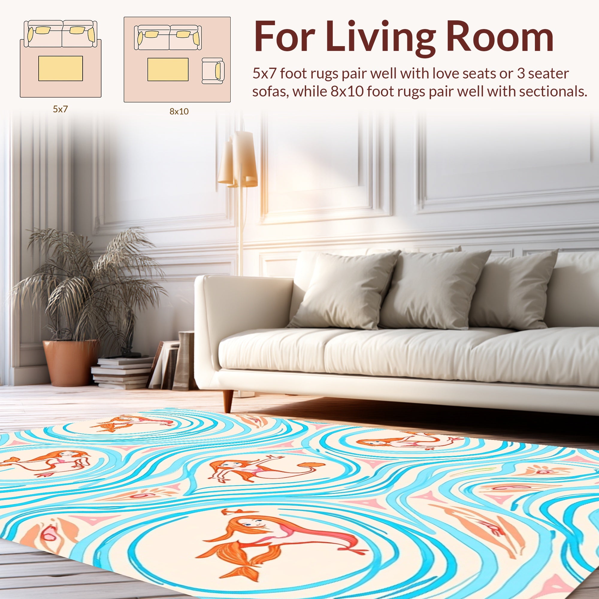Playful Mermaid Ocean Waves Pattern Rug