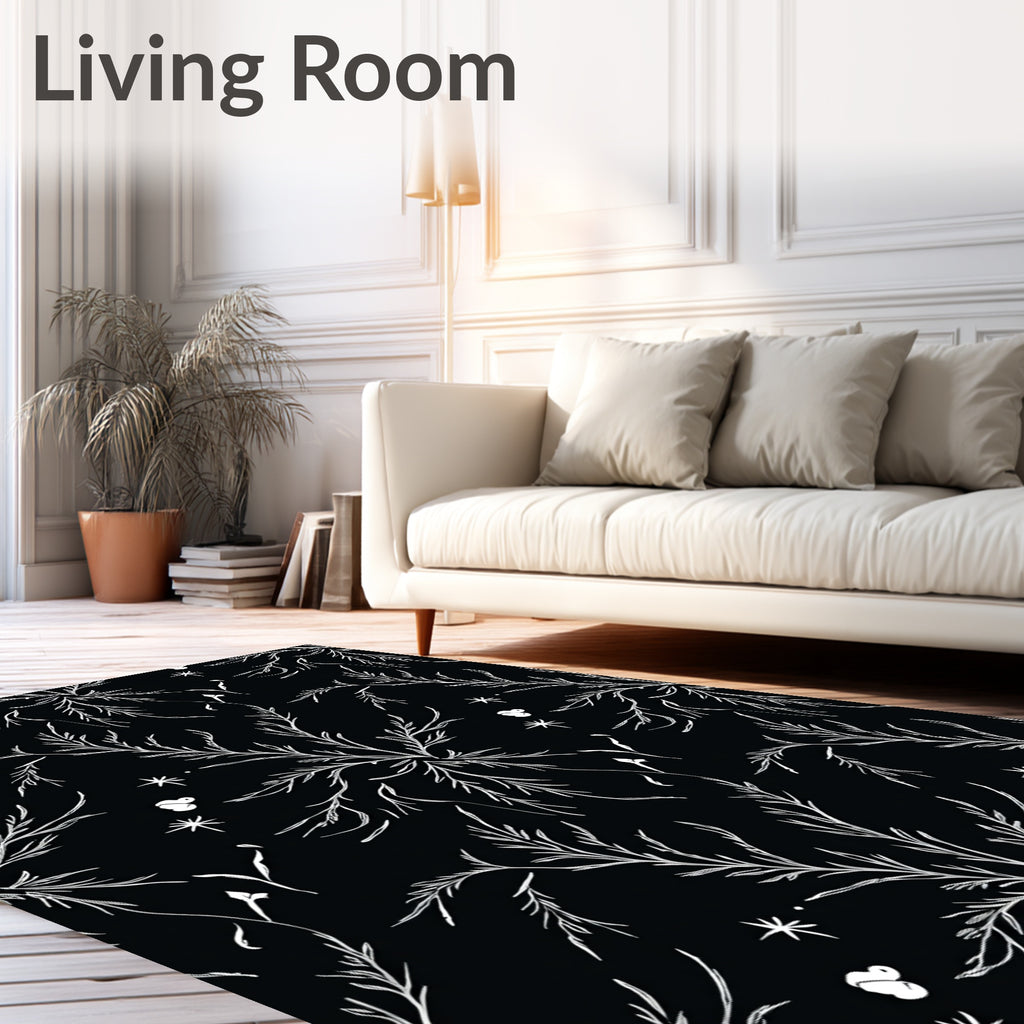 Dark White Botanical Swirl Accents Rug