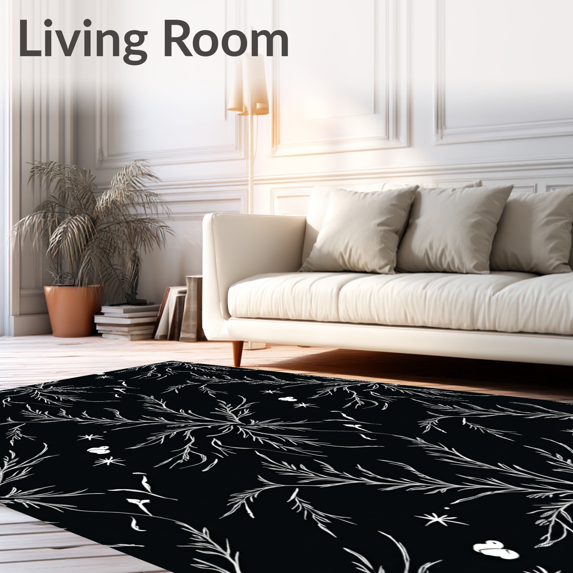 Dark White Botanical Swirl Accents Rug