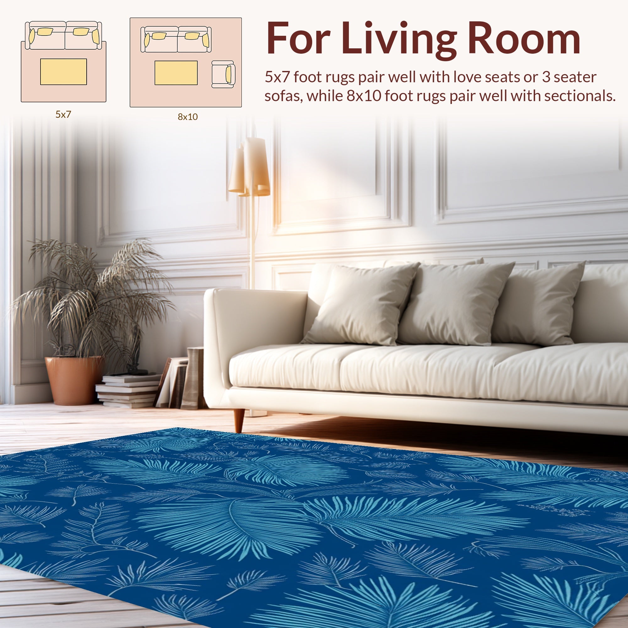 Blue Tropical Palm Leaf Pattern Rug