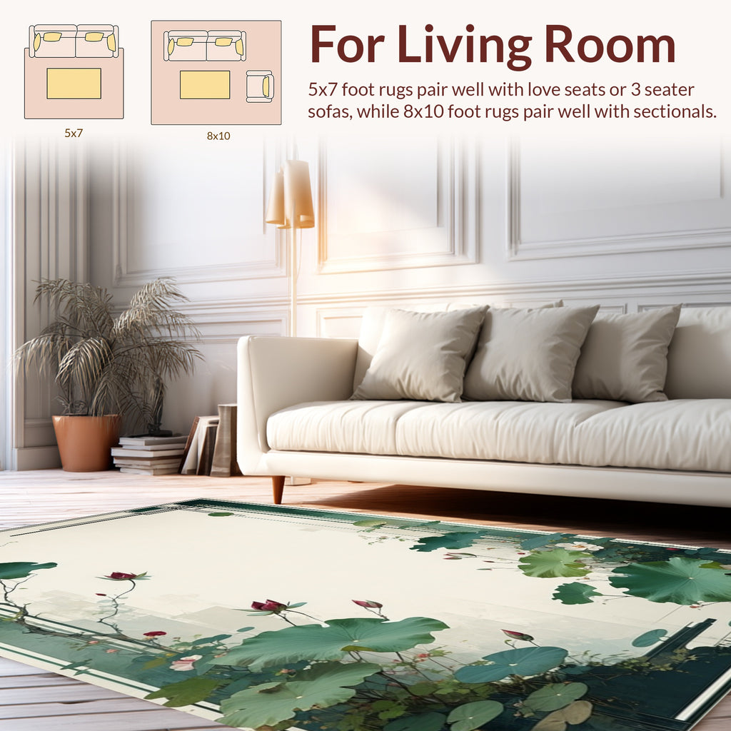 Serene Lotus Flower and Leaf Pattern Rug