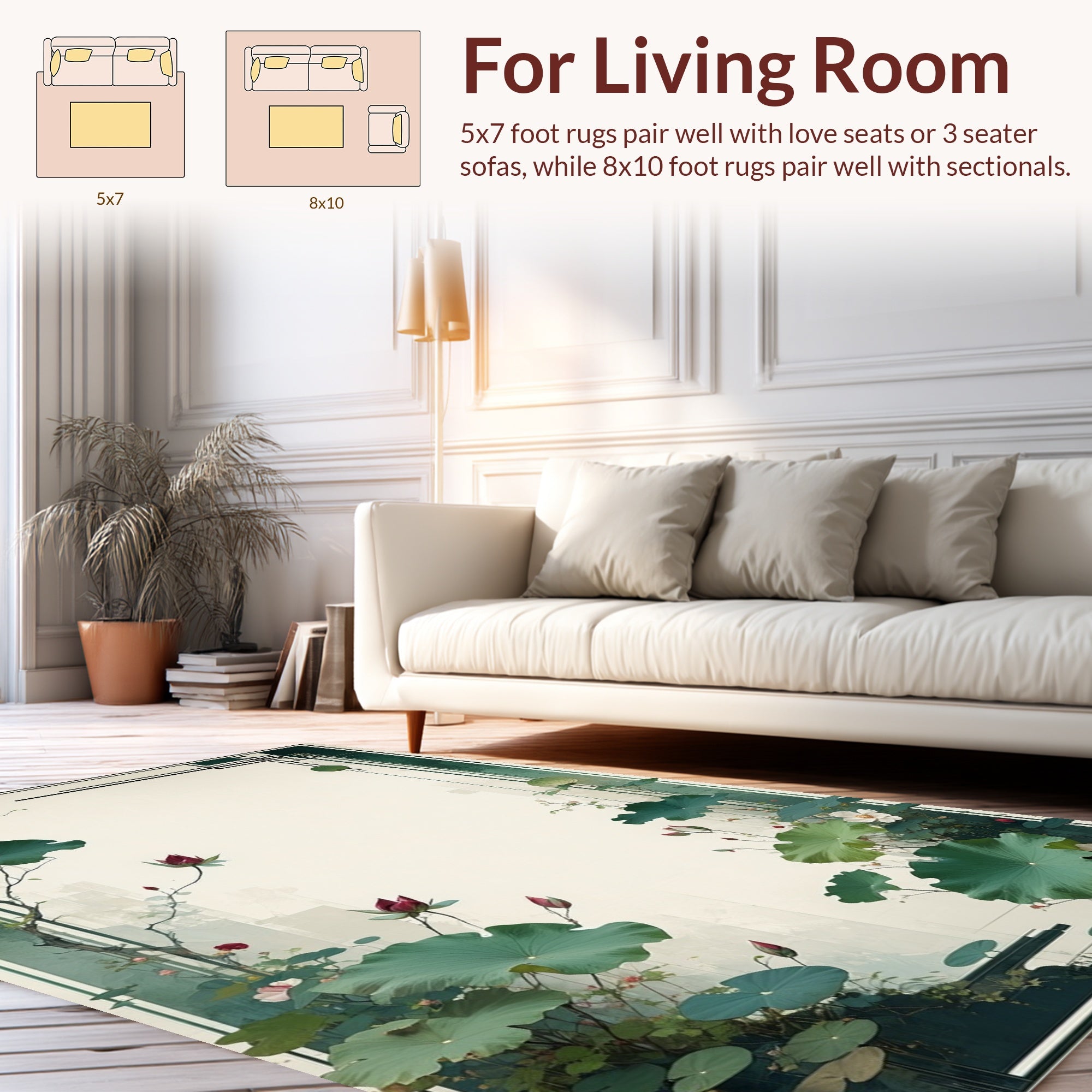 Serene Lotus Flower and Leaf Pattern Rug