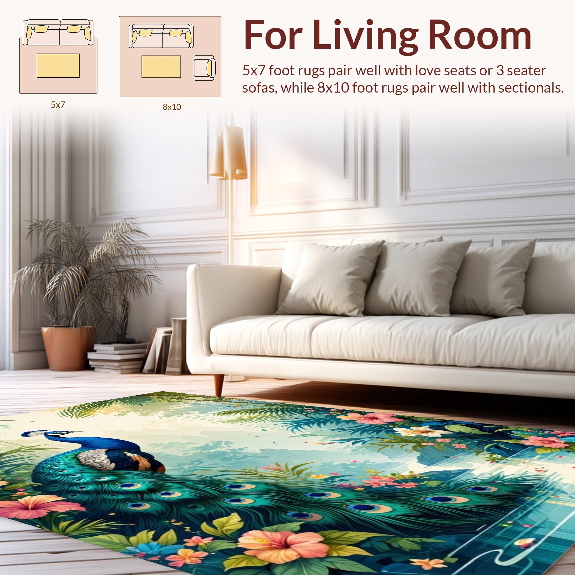 Lush Tropical Peacock Floral Scene Rug