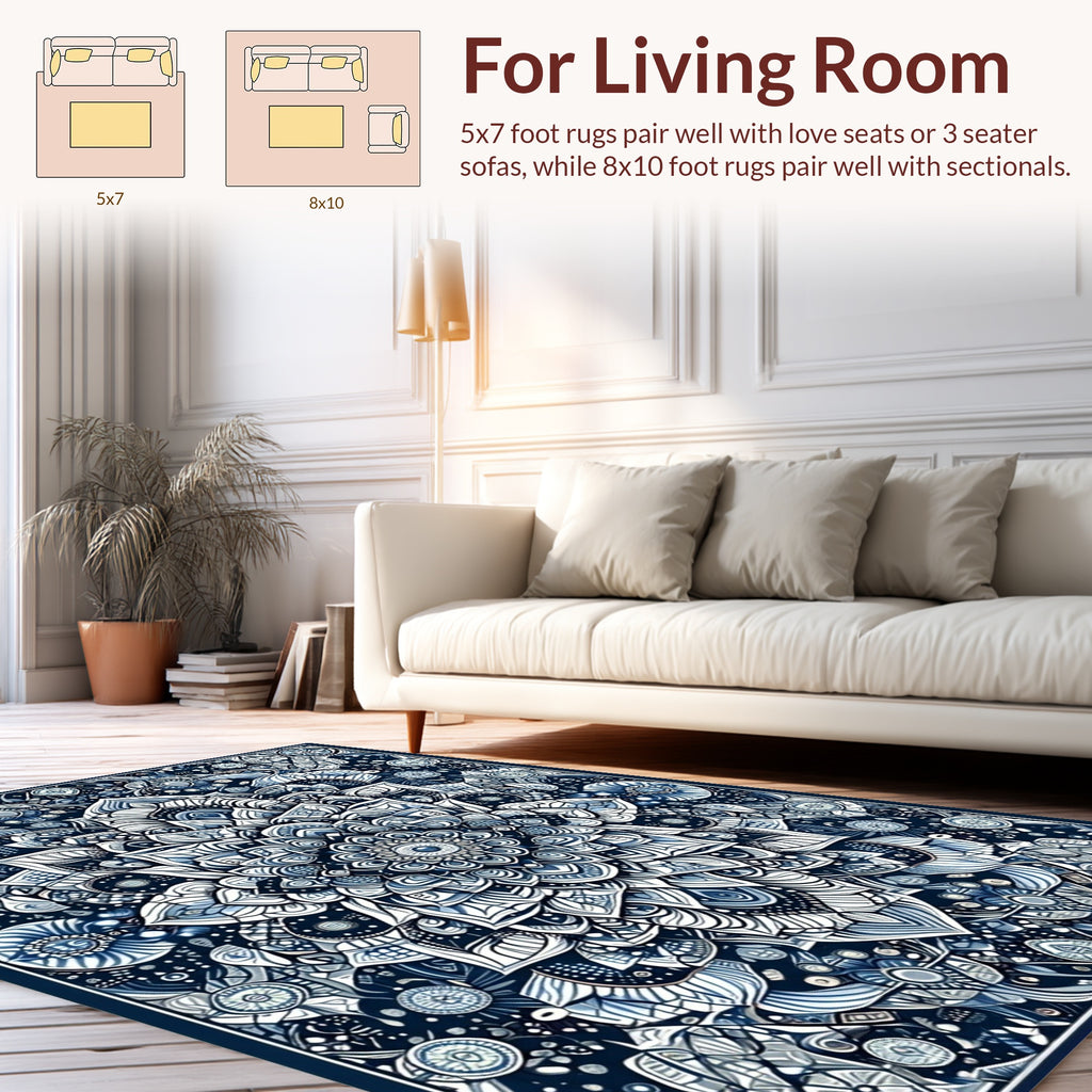 Intricate Blue White Mandala Pattern Rug