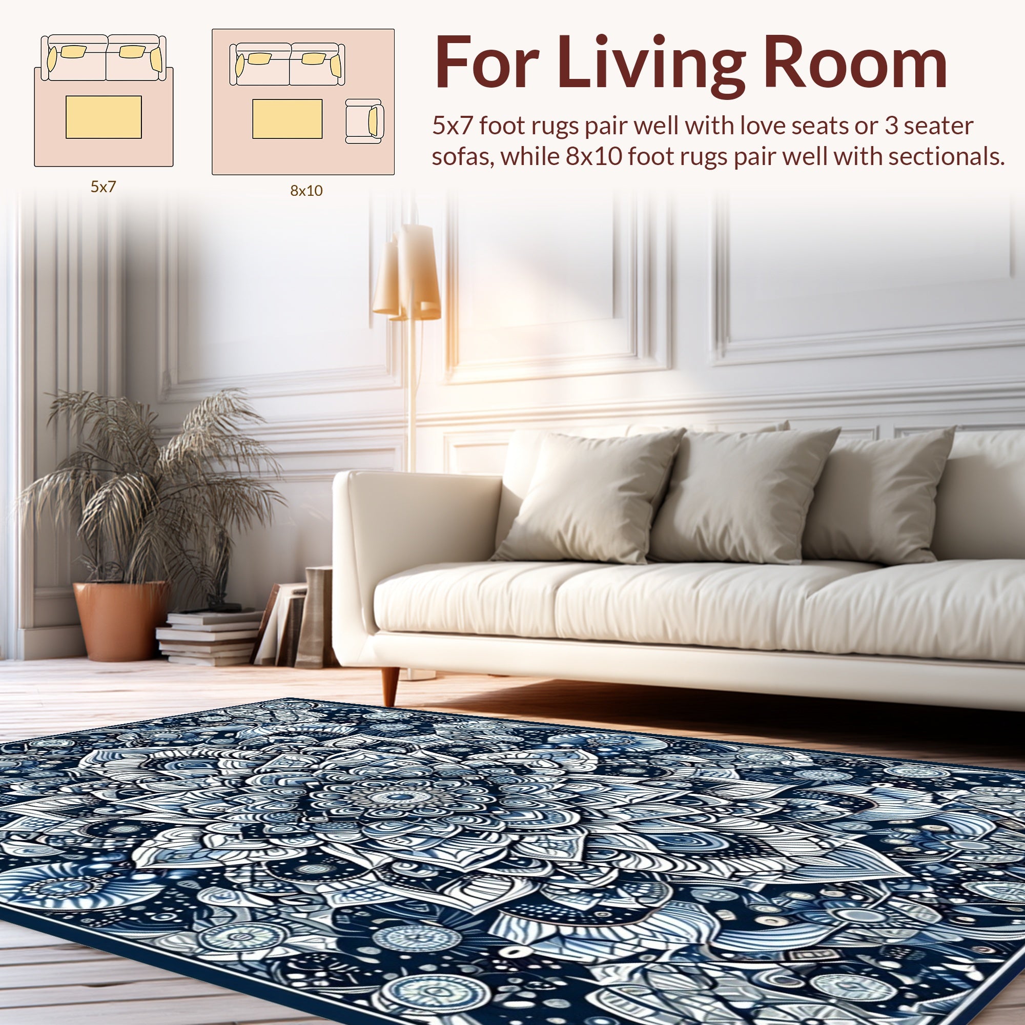 Intricate Blue White Mandala Pattern Rug