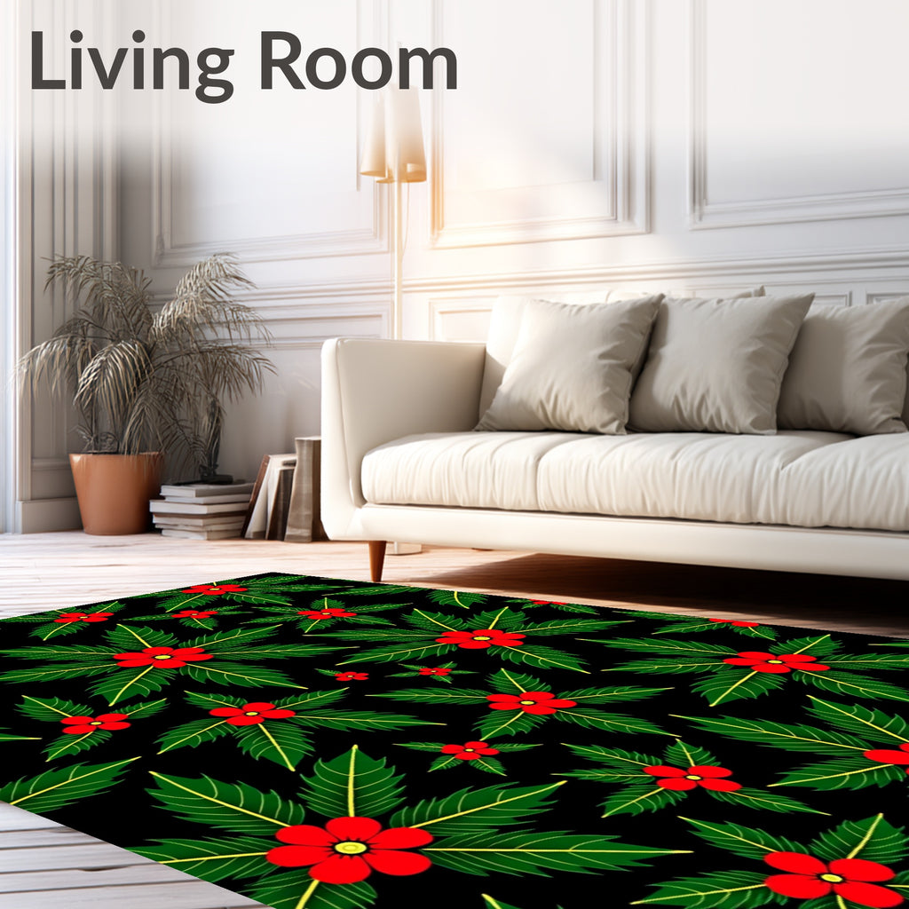 Vibrant Red Flower Festive Green Leaves Rug