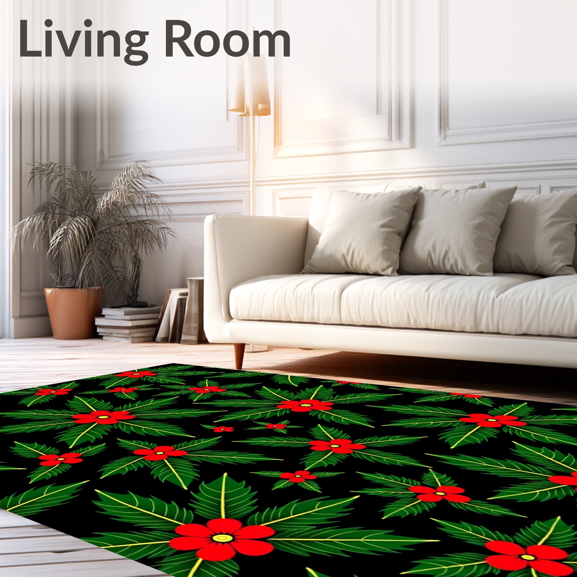 Vibrant Red Flower Festive Green Leaves Rug