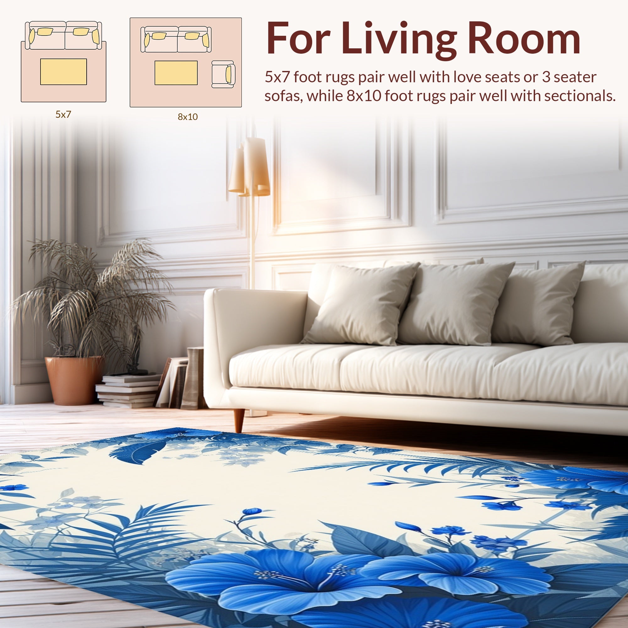 Vibrant Blue Floral Leaves Pattern Rug