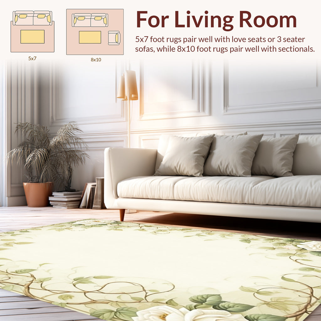 Soft White Rose Vine Pattern Rug