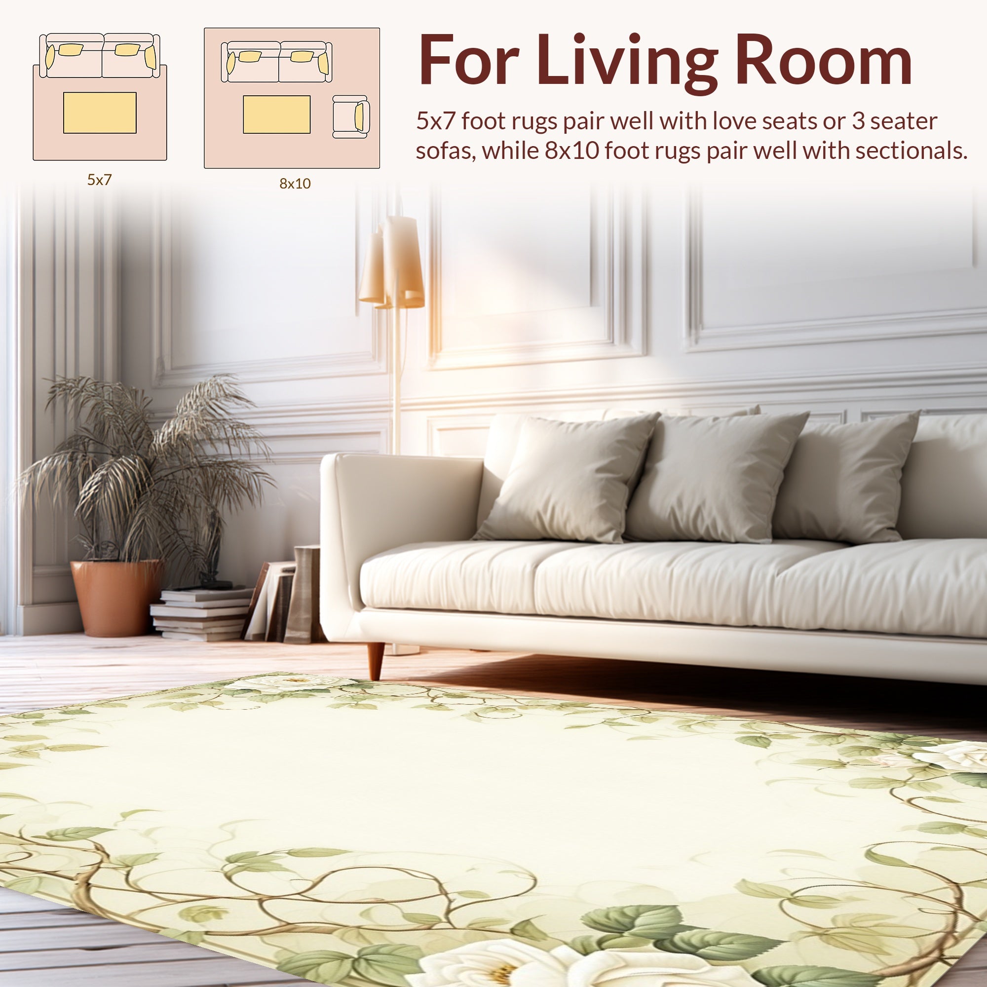 Soft White Rose Vine Pattern Rug