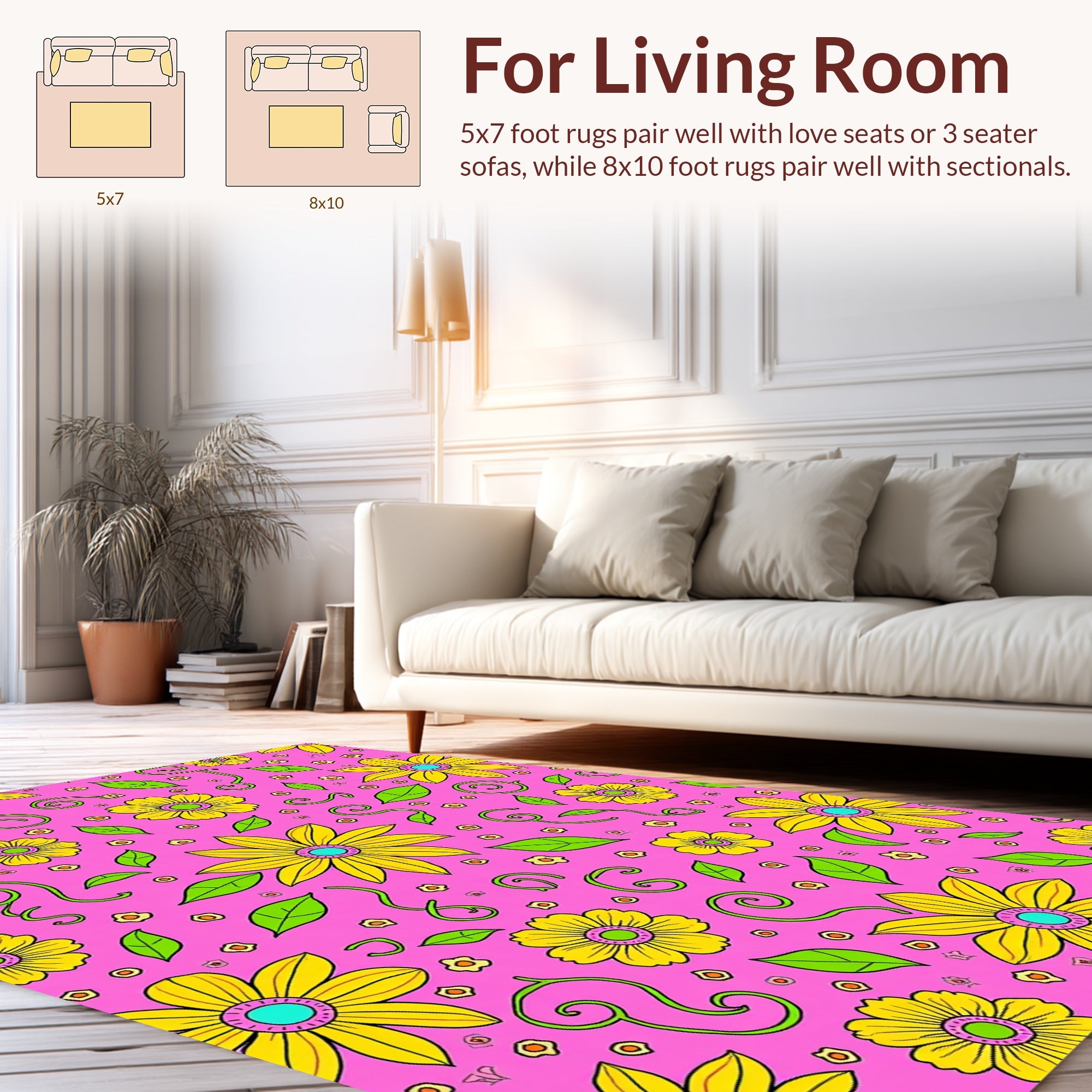 Vibrant Yellow Pink Flower Garden Rug