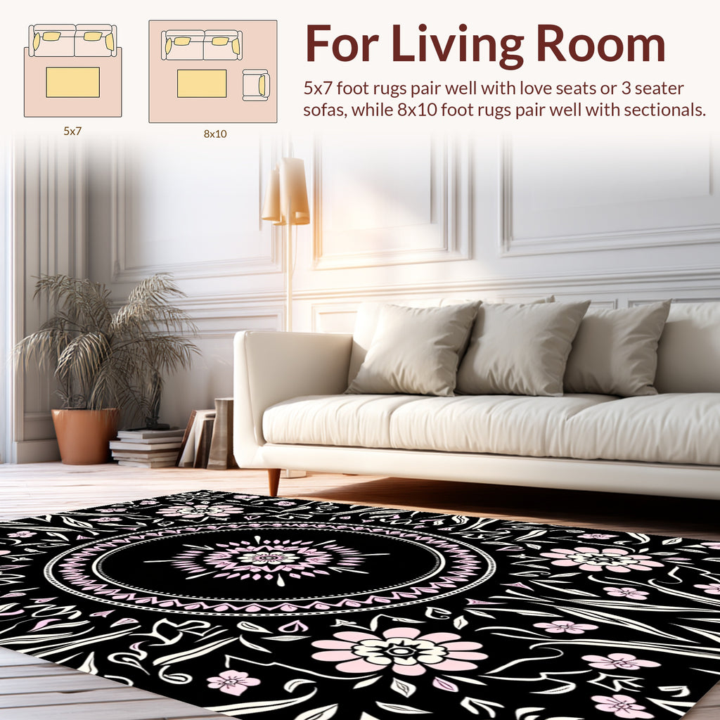 Black Pink Floral Mandala Design Rug