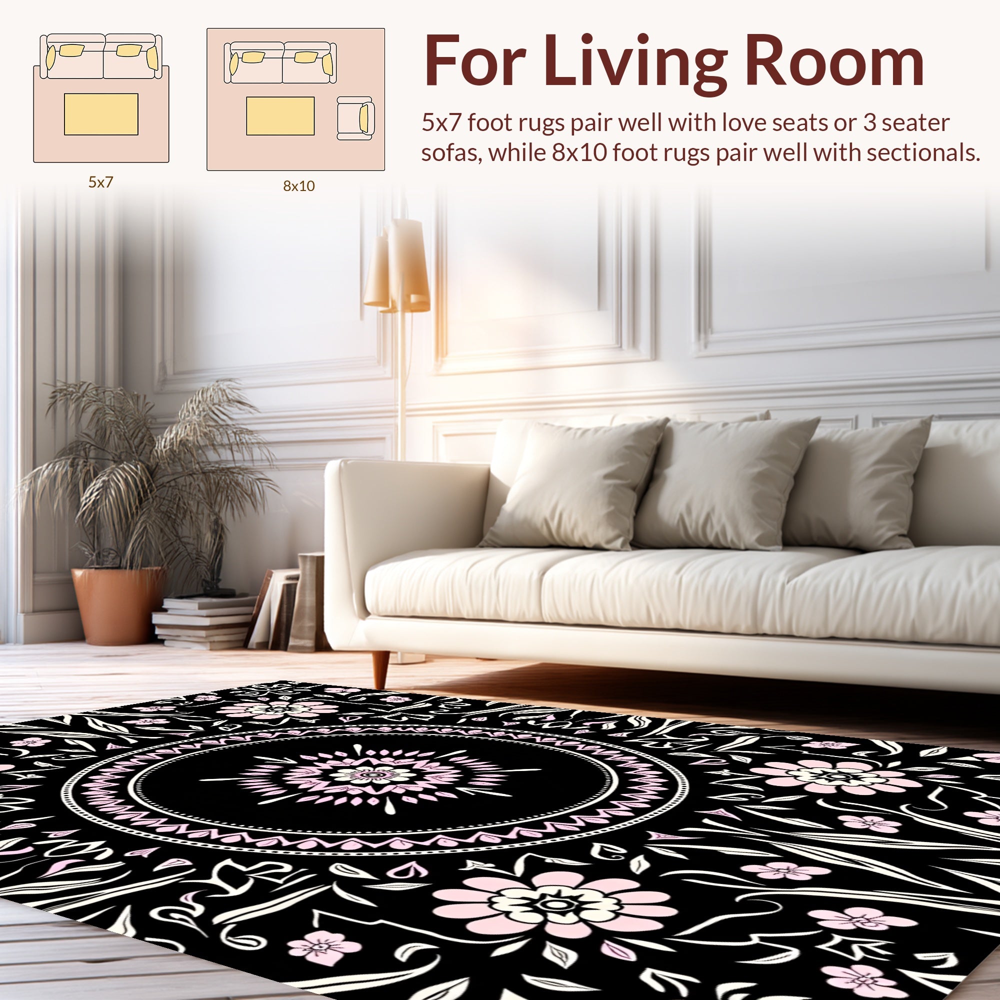 Black Pink Floral Mandala Design Rug