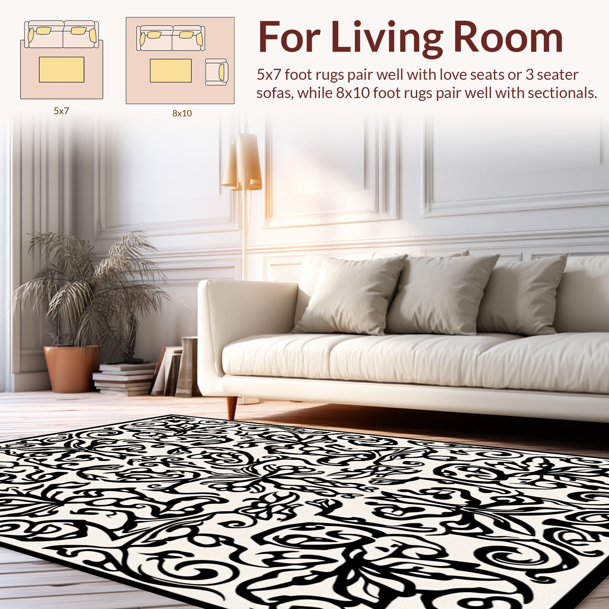 Intricate Black Cream Floral Pattern Rug