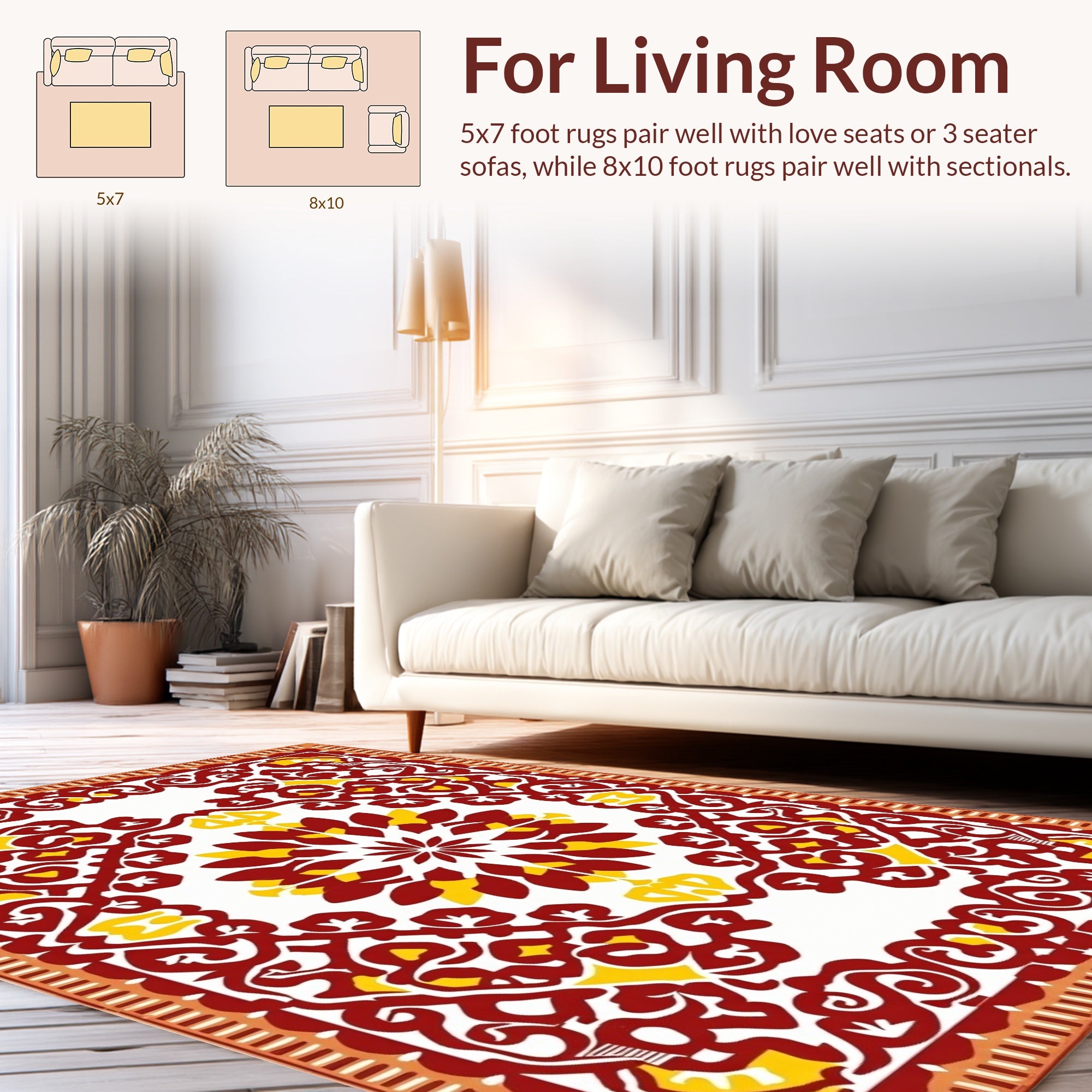 Intricate Floral Scrollwork Red Yellow Design Rug