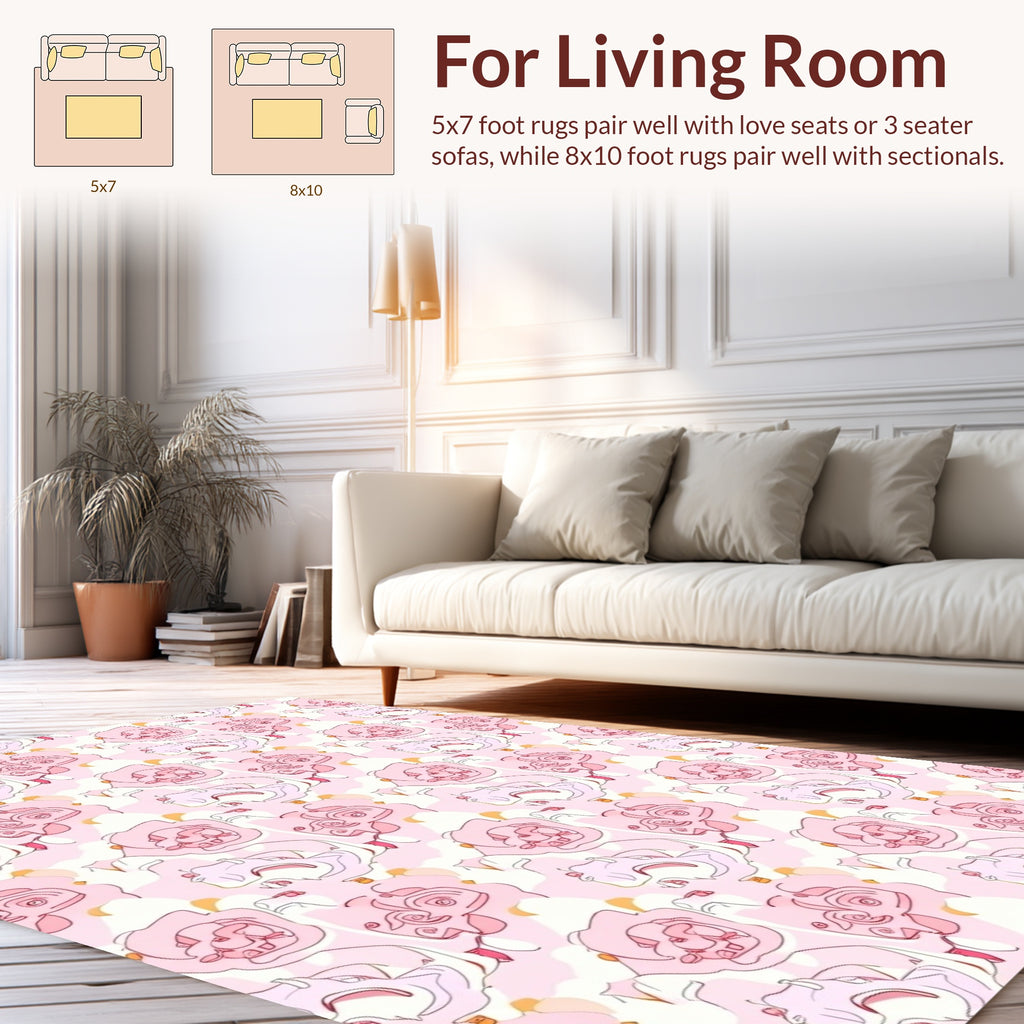 Pink Floral Line Art Pattern Rug
