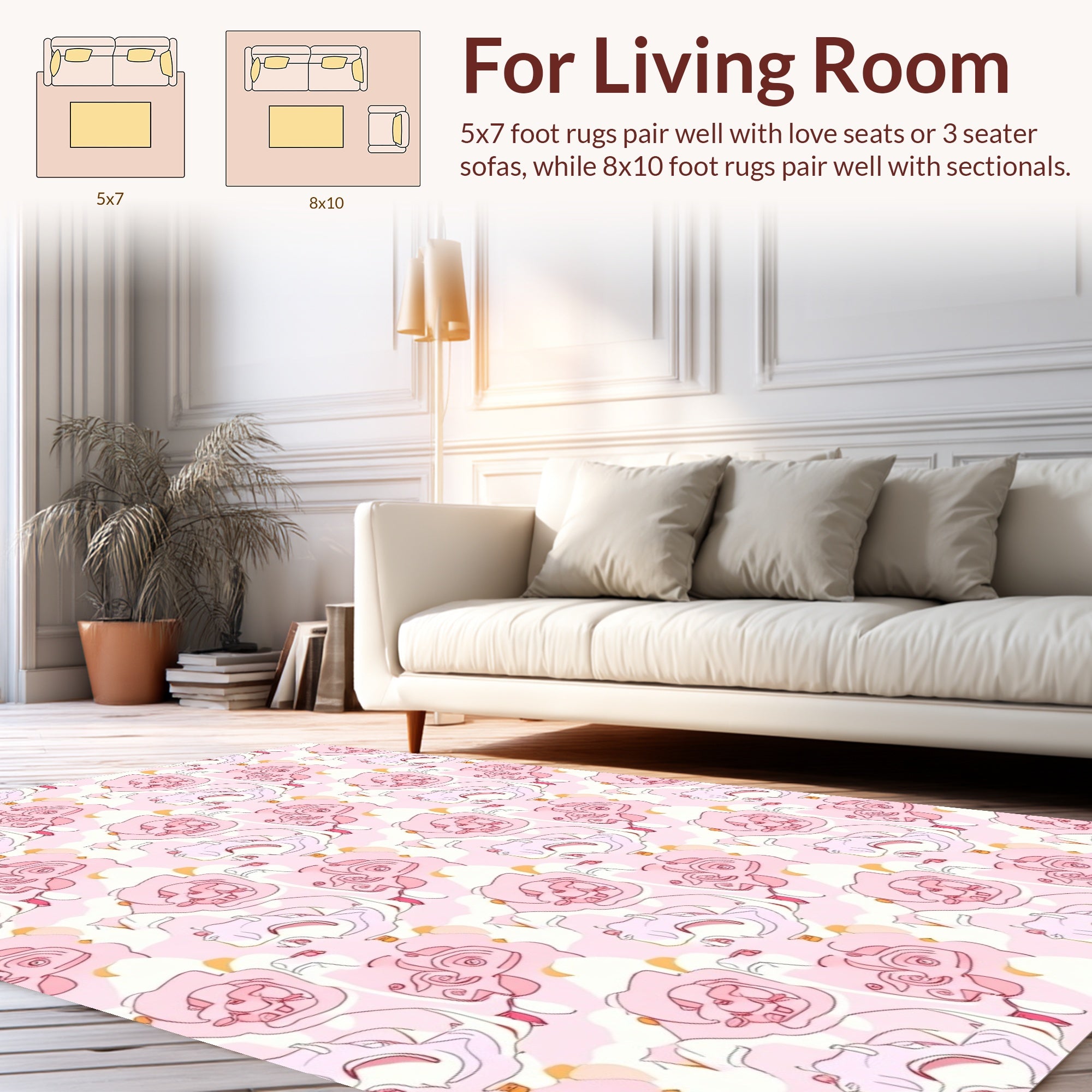 Pink Floral Line Art Pattern Rug