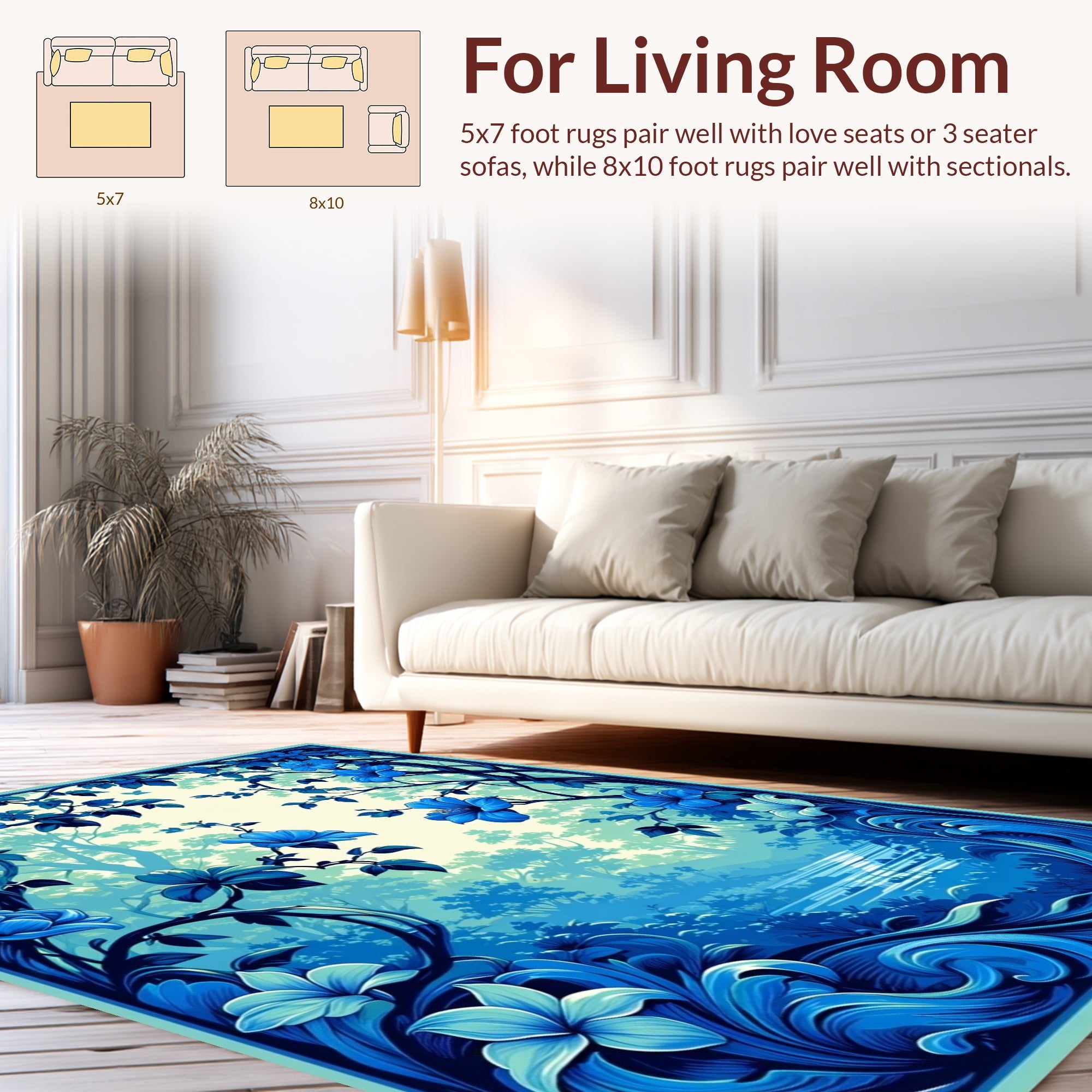 Deep Blue Floral Forest Scene Rug
