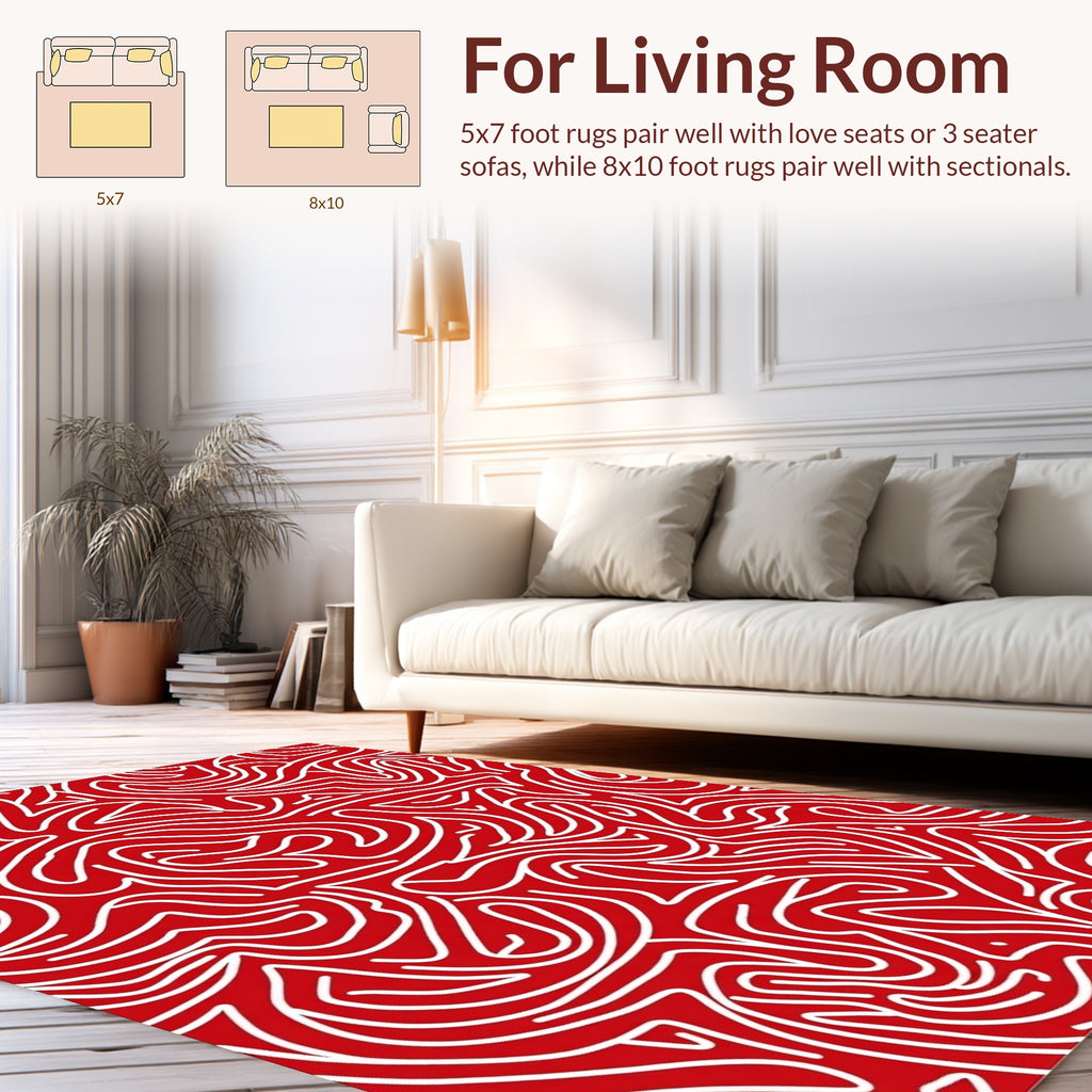 Red White Abstract Swirl Pattern Rug