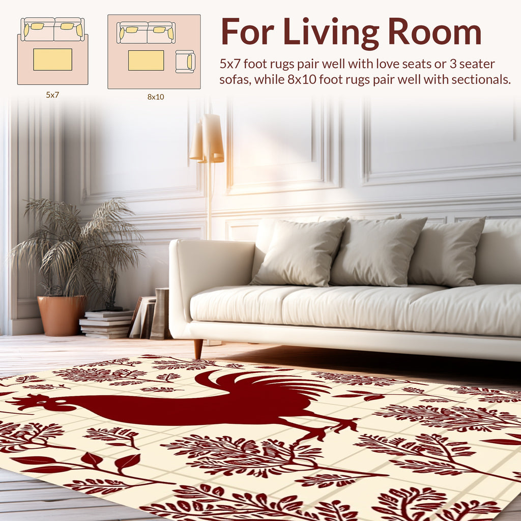 Folk Rooster Branch Pattern Design Rug