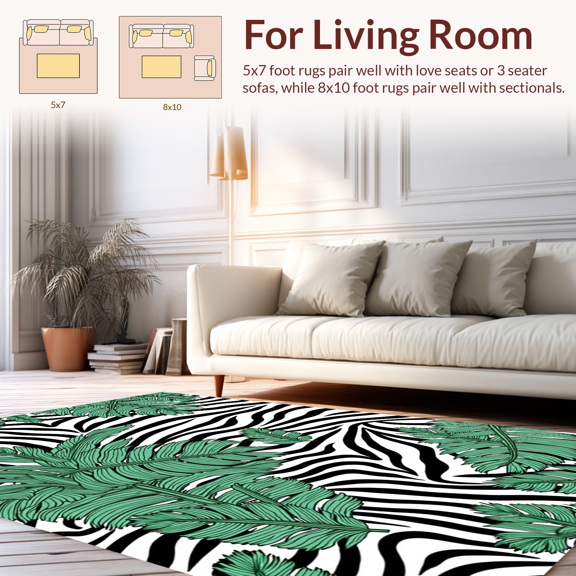 Zebra Print With Green Leaf Pattern Rug