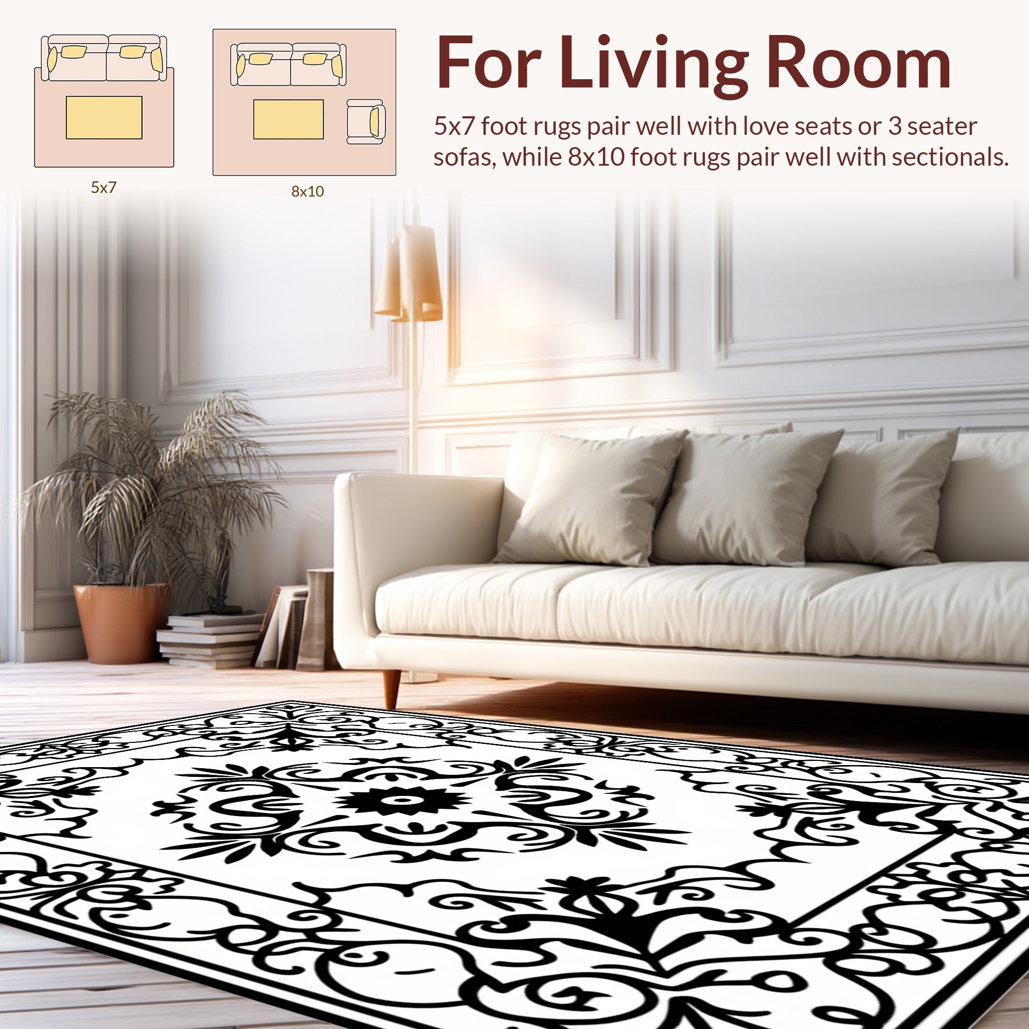Ornate Floral Scrollwork Black White Rug