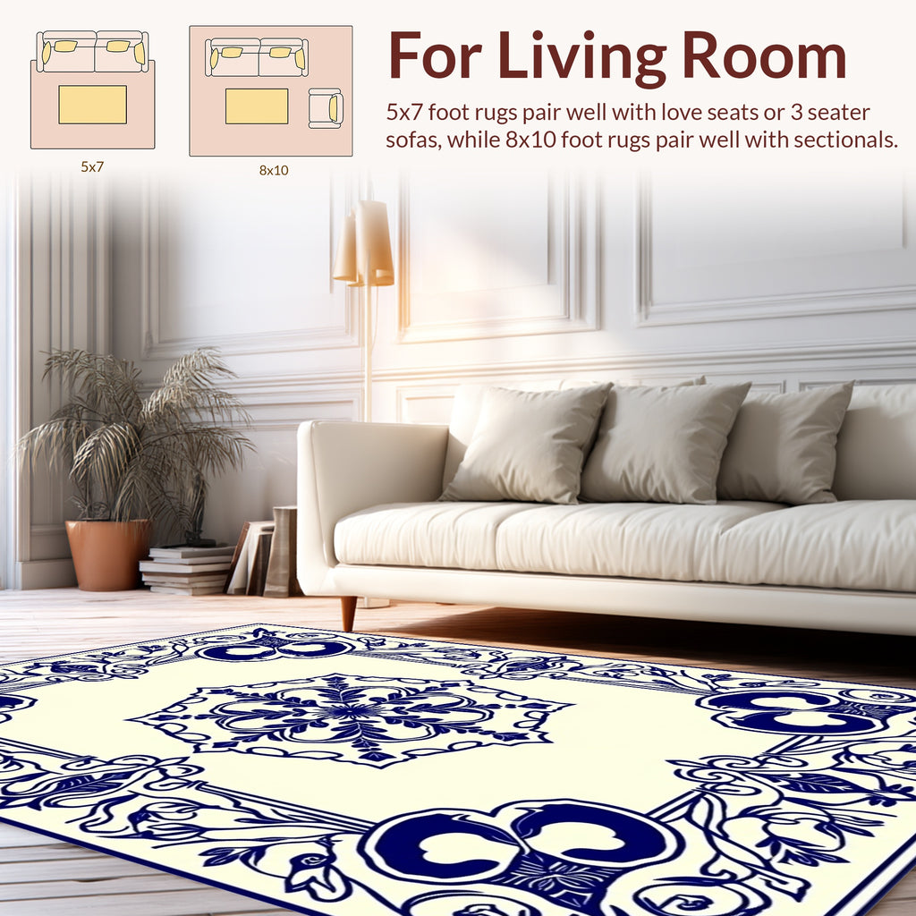 Blue Floral Medallion Border Design Rug