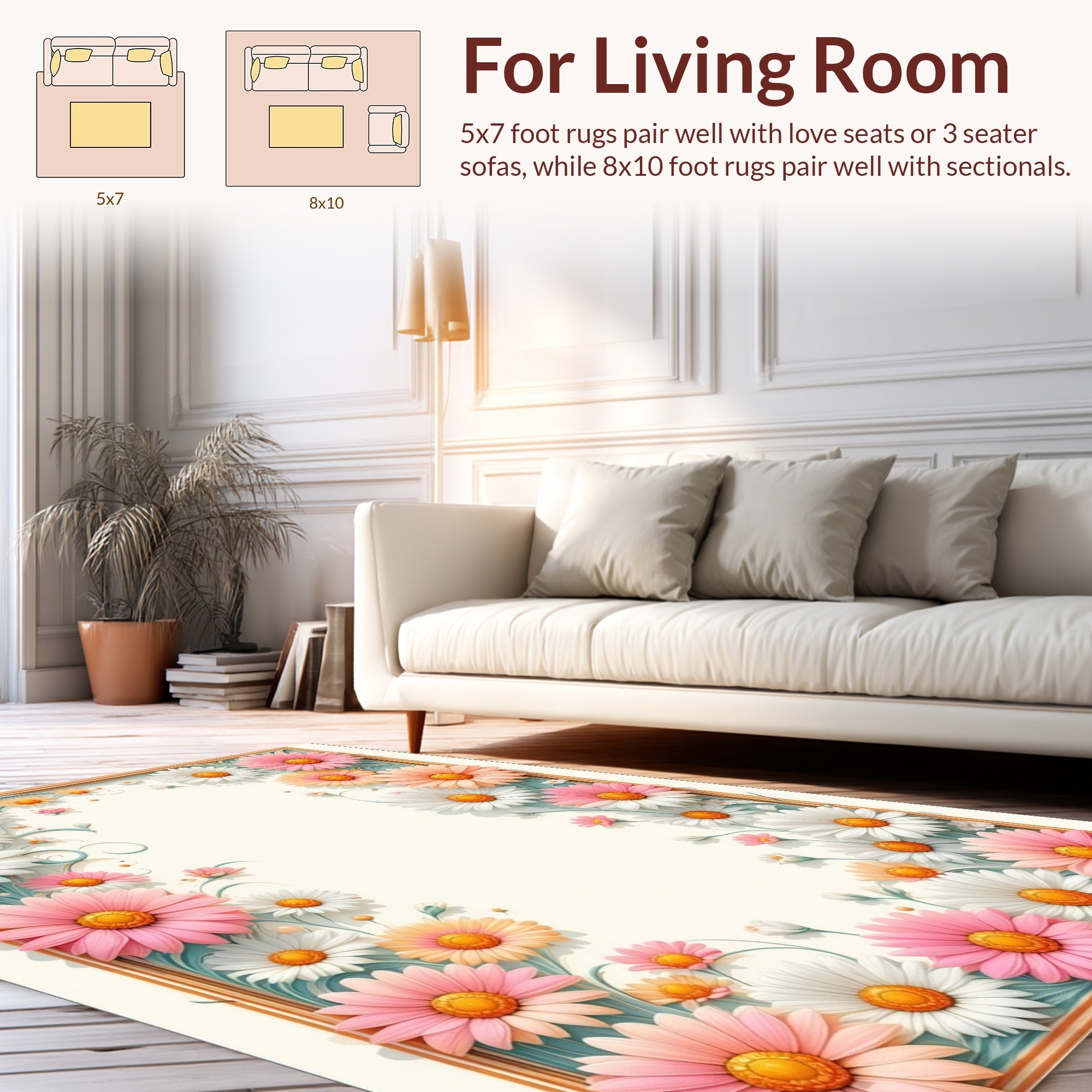 Pastel Daisy Floral Border Pattern Rug