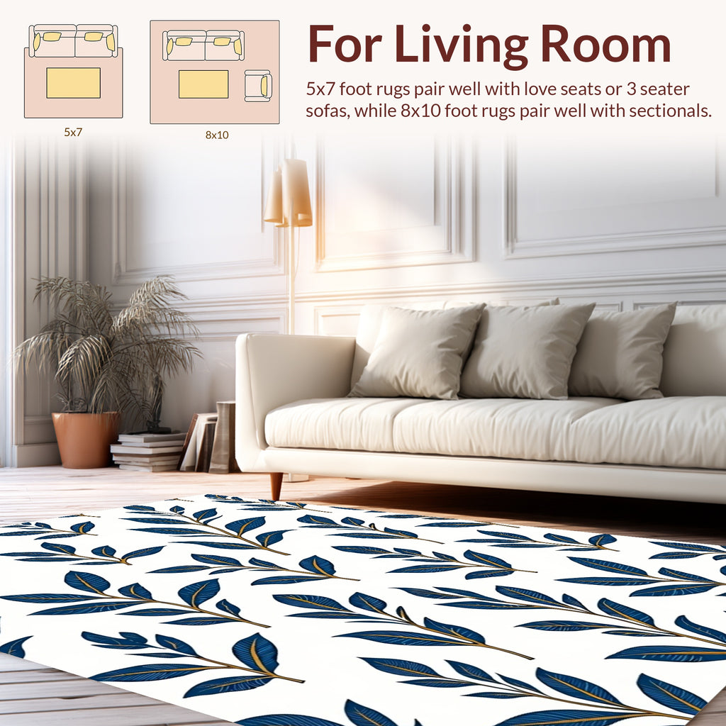 Classic Blue Leaf Botanical Pattern Rug