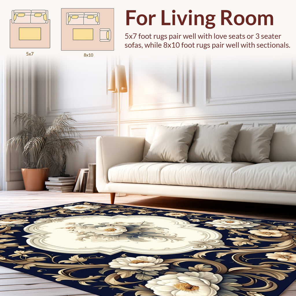 Ornate Floral Navy Swirl Design Rug