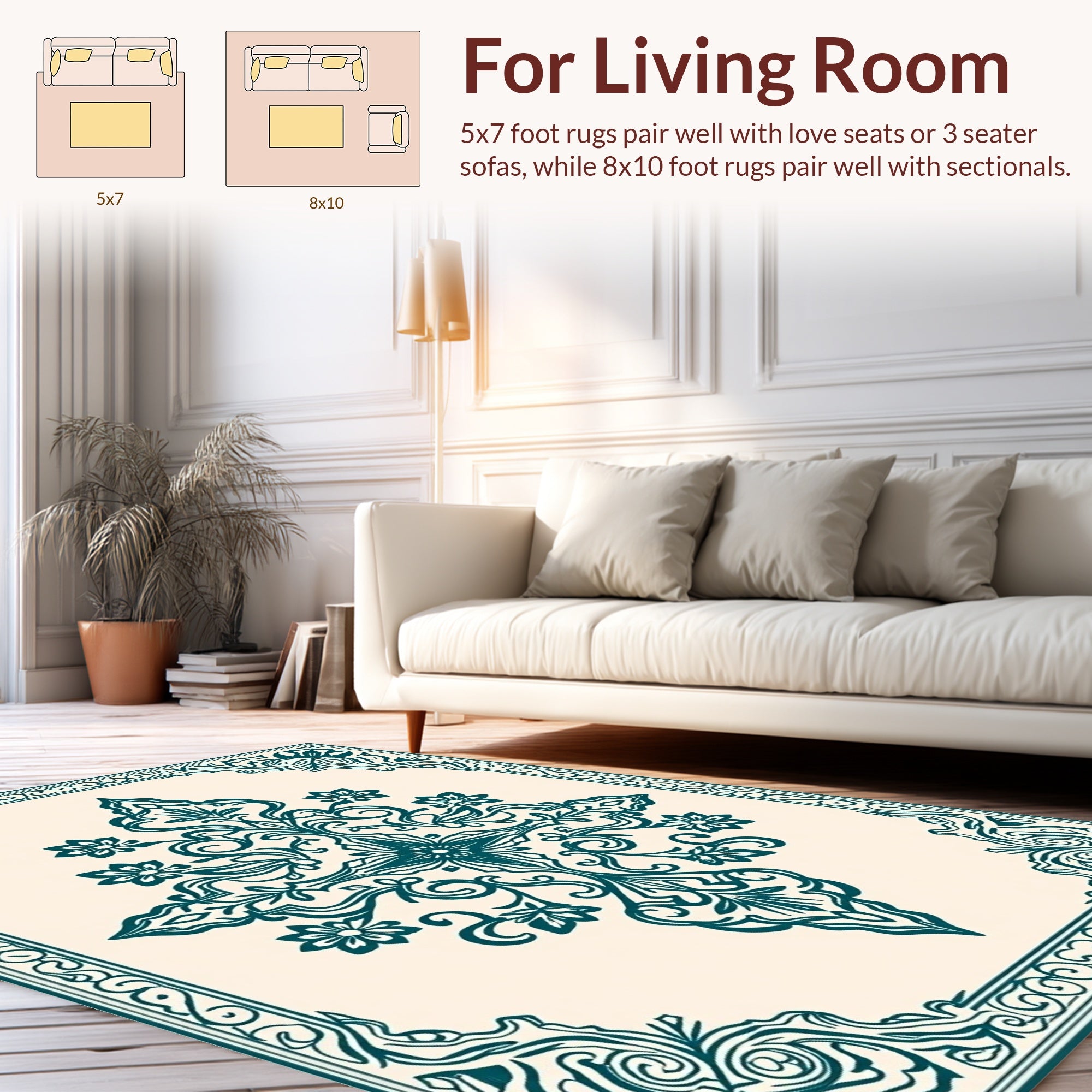 Teal Floral Crest Motif Design Rug