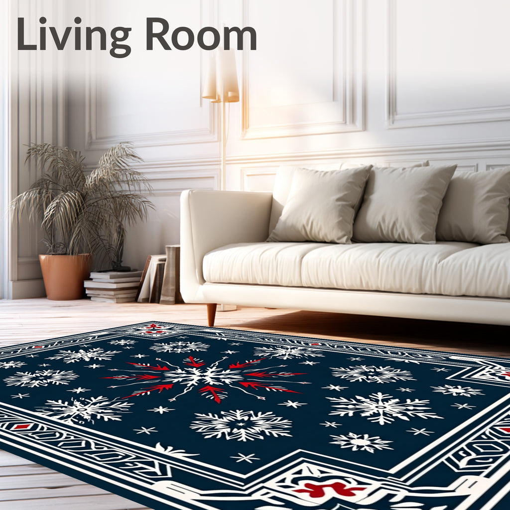 Winter White Snowflake Blue Border Rug