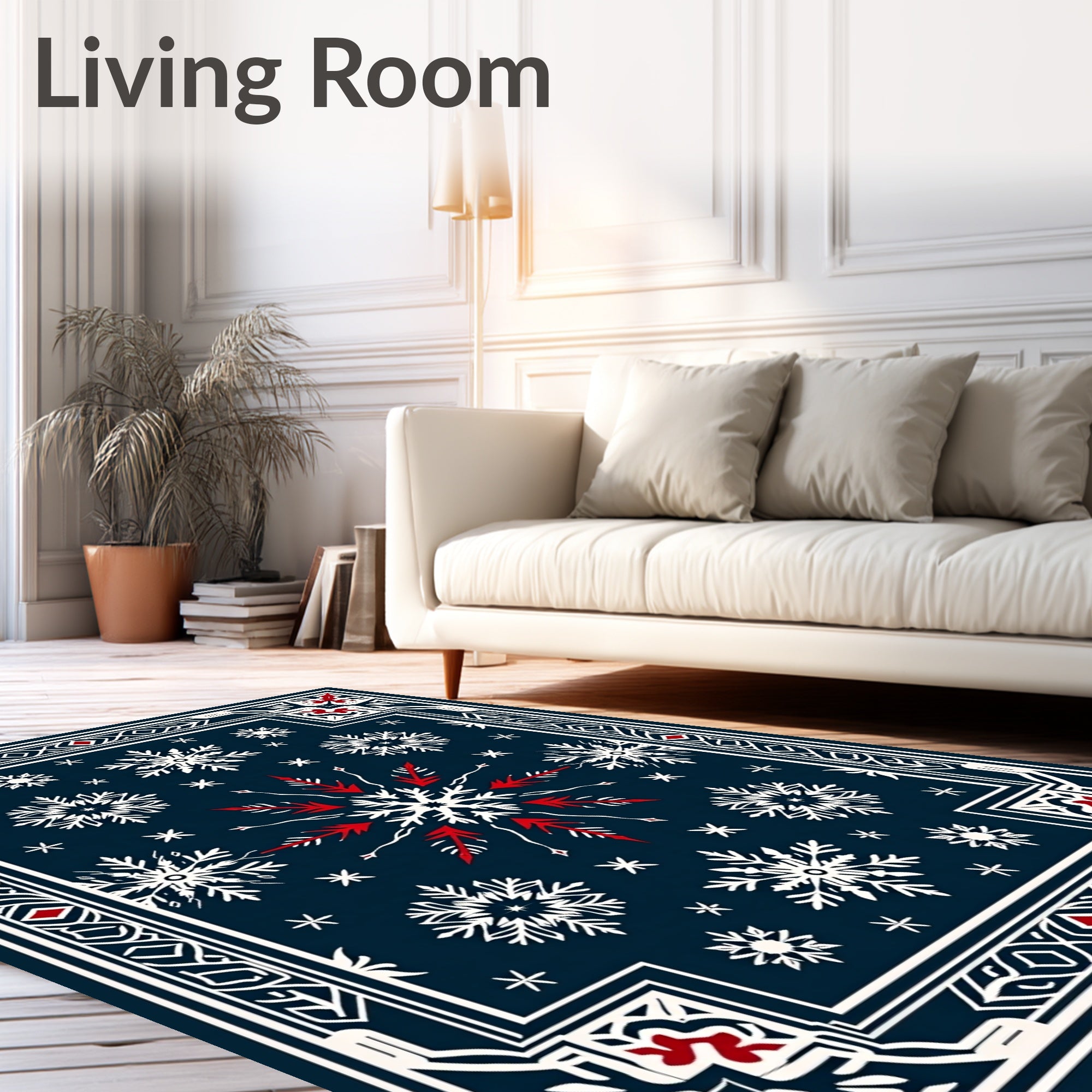 Winter White Snowflake Blue Border Rug
