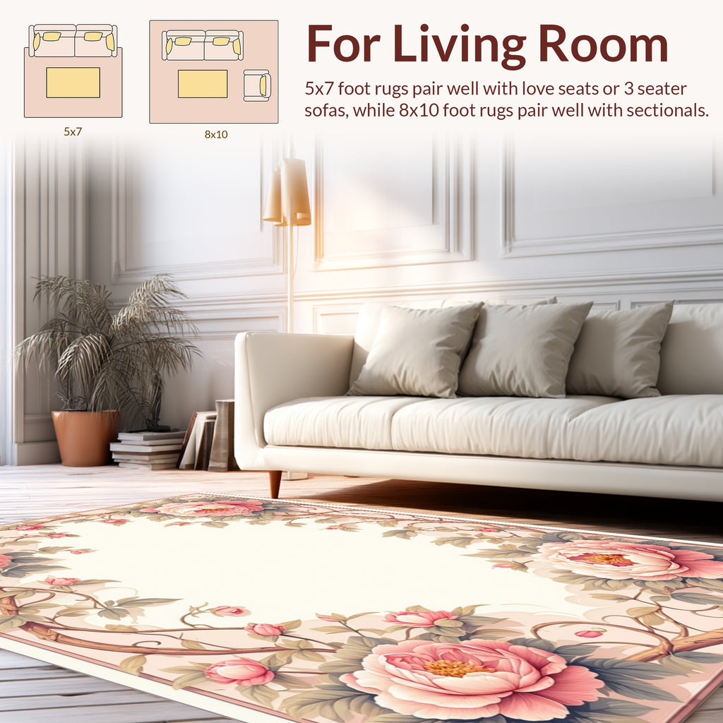 Soft Pink Peony Floral Vines Rug