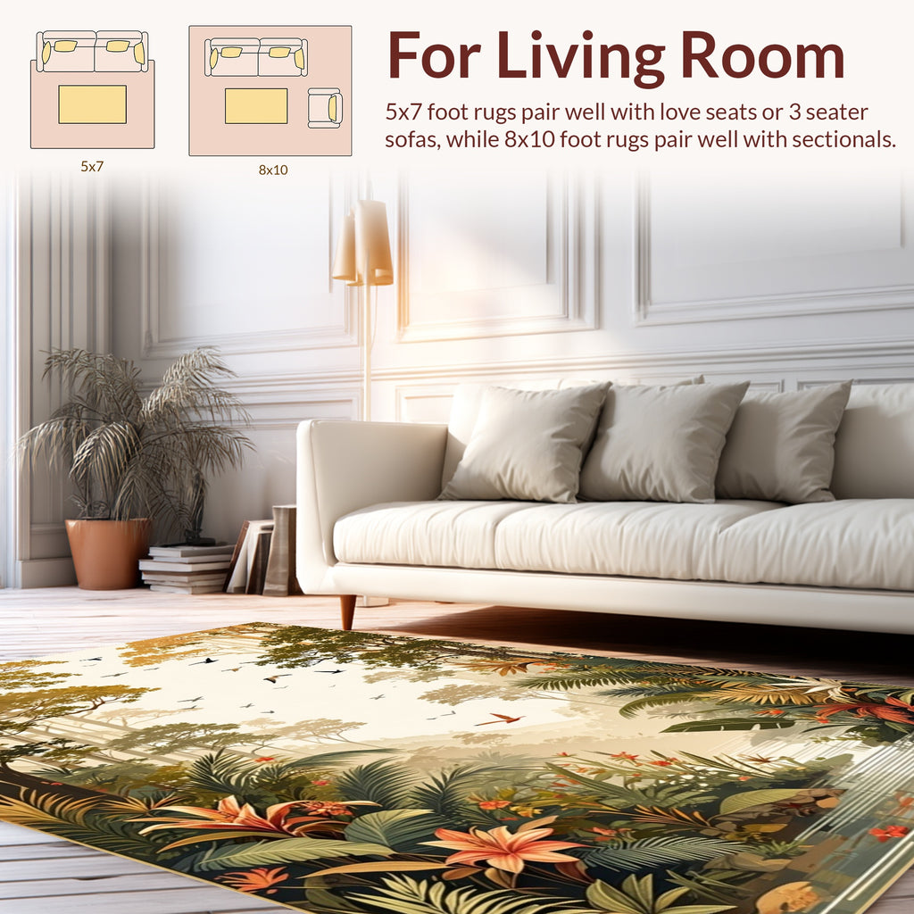 Tropical Jungle Floral Bird Scene Rug