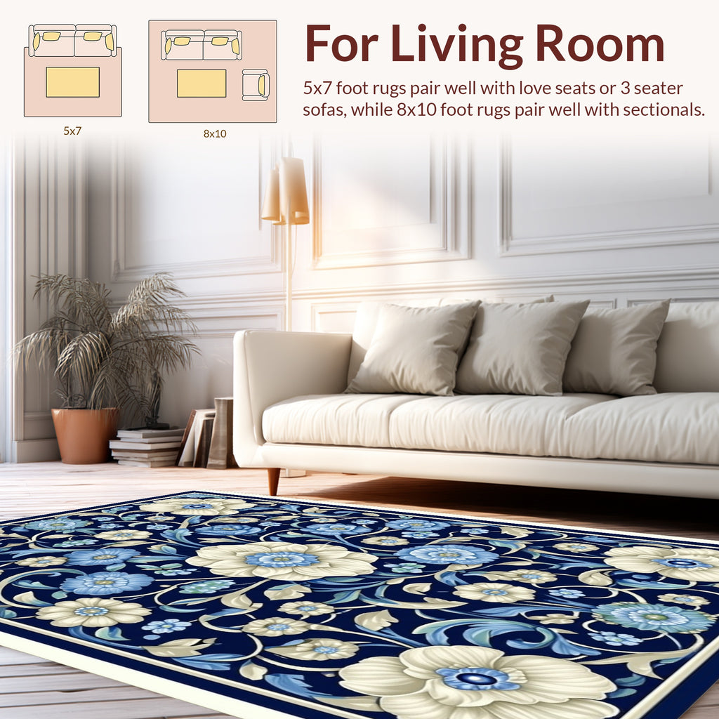 Floral Scrollwork Blue Ivory Design Rug